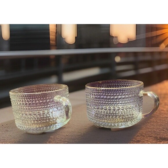 2 Iridescent Style Glass Coffee Mugs Set Of Cups Hobnail Style Gold Trim Cups - Picture 2 of 16